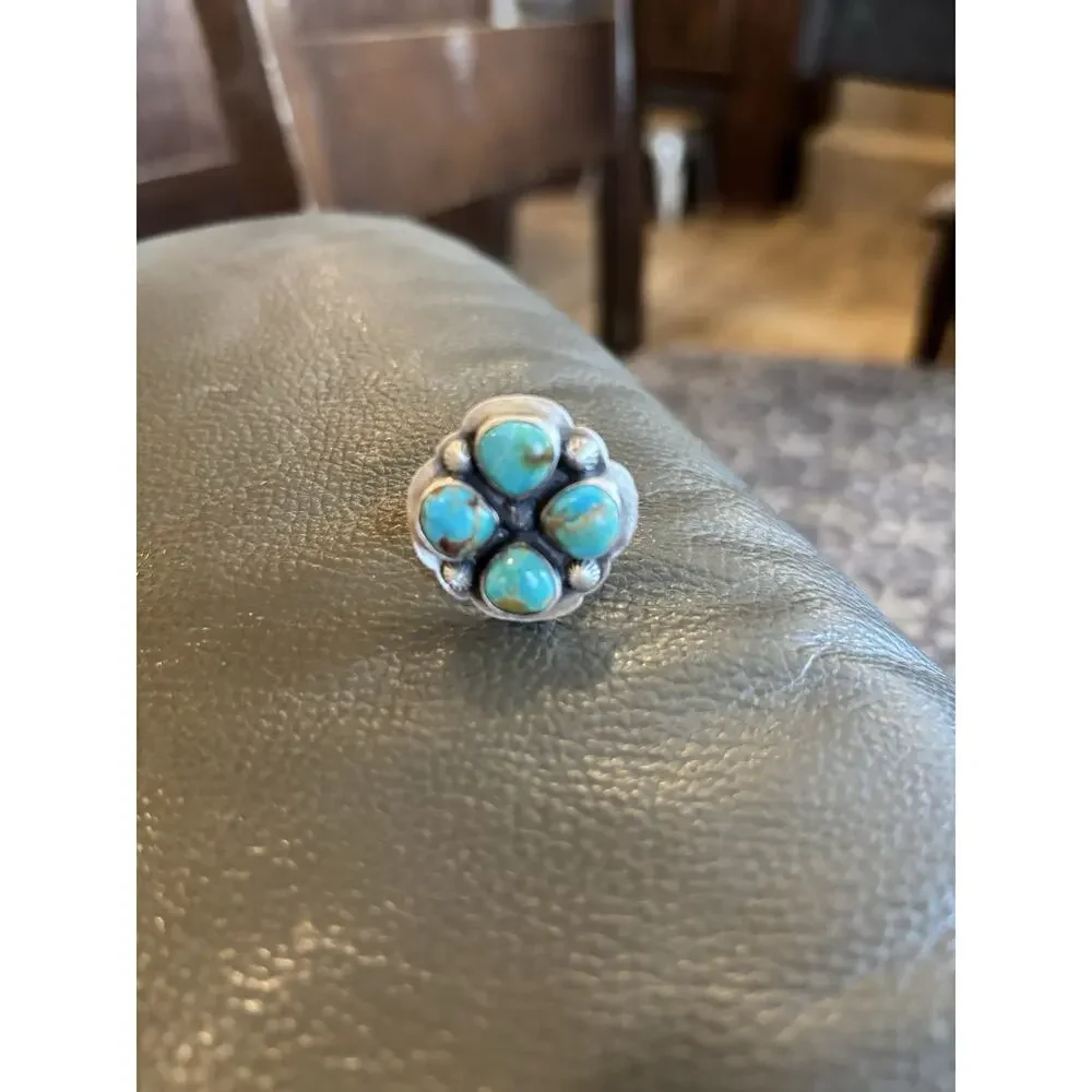 Stunning Turquoise Cluster Ring In Sterling Silver Ring w Accent Beads